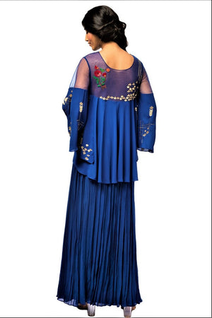 Shop beautiful blue embroidered and layered long dress online in USA. Make a dazzling style statement at parties, weddings and festive occasions with a range of exquisite designer dresses, designer gowns, wedding lehengas available at Pure Elegance Indian clothing store in USA or on our online store.-back