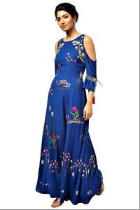 Shop blue embroidered georgette cold shoulder gown online in USA. Make a dazzling style statement at parties, weddings and festive occasions with a range of exquisite designer dresses, designer gowns, wedding lehengas available at Pure Elegance Indian clothing store in USA or on our online store.-full view