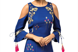 Shop blue embroidered georgette cold shoulder gown online in USA. Make a dazzling style statement at parties, weddings and festive occasions with a range of exquisite designer dresses, designer gowns, wedding lehengas available at Pure Elegance Indian clothing store in USA or on our online store.-top