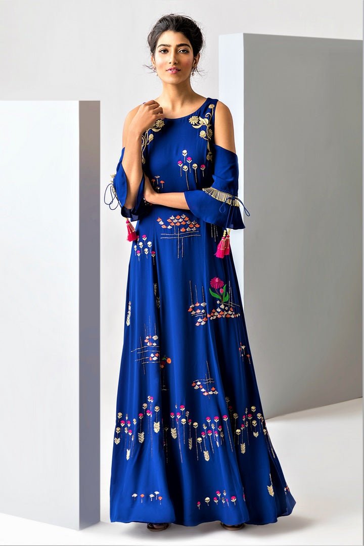 Shop blue embroidered georgette cold shoulder gown online in USA. Make a dazzling style statement at parties, weddings and festive occasions with a range of exquisite designer dresses, designer gowns, wedding lehengas available at Pure Elegance Indian clothing store in USA or on our online store.-front