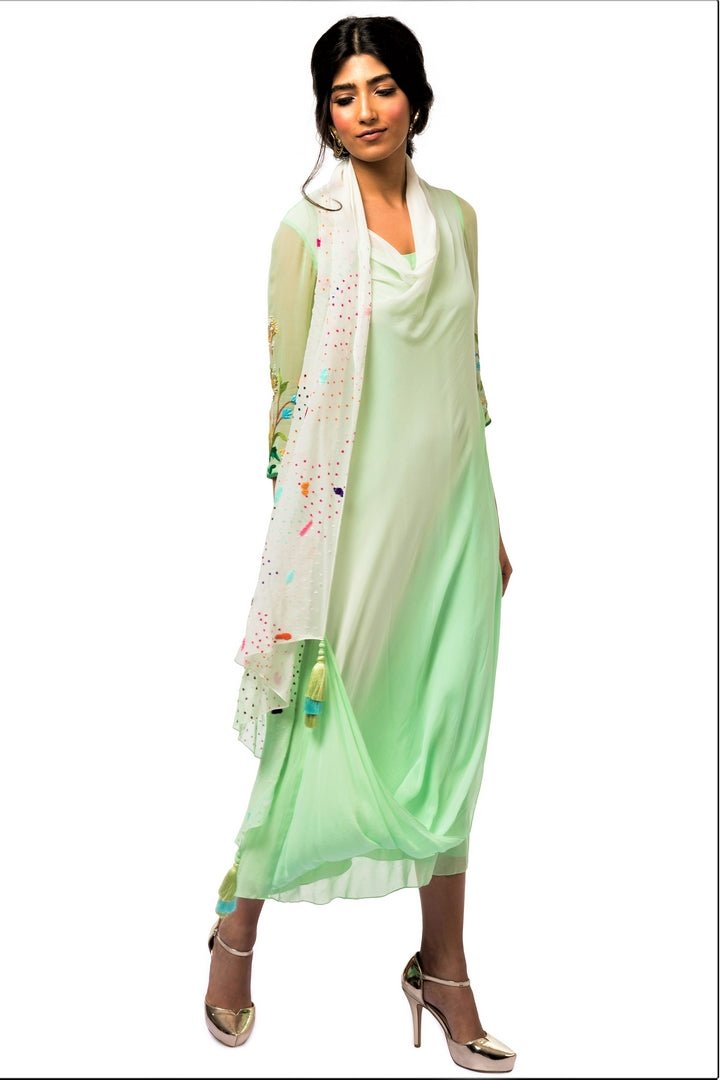 Buy green embroidered georgette midi dress online in USA with attached drape. Make a dazzling style statement at parties, weddings and festive occasions with a range of exquisite designer dresses, designer gowns, wedding lehengas available at Pure Elegance Indian clothing store in USA or on our online store.-full view