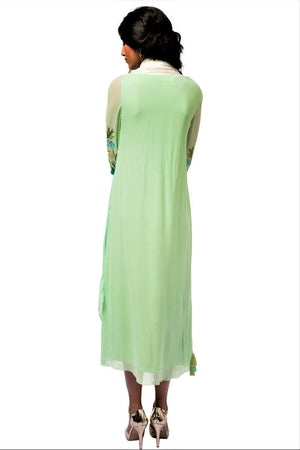Buy green embroidered georgette midi dress online in USA with attached drape. Make a dazzling style statement at parties, weddings and festive occasions with a range of exquisite designer dresses, designer gowns, wedding lehengas available at Pure Elegance Indian clothing store in USA or on our online store.-back