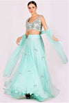 Shop sky blue embroidered blouse with skirt online in USA and dupatta. Give your wardrobe an exquisite variety of designer dresses, designer gowns, wedding lehengas, Anarkali suits from Pure Elegance Indian clothing store in USA or from our online store.-full view