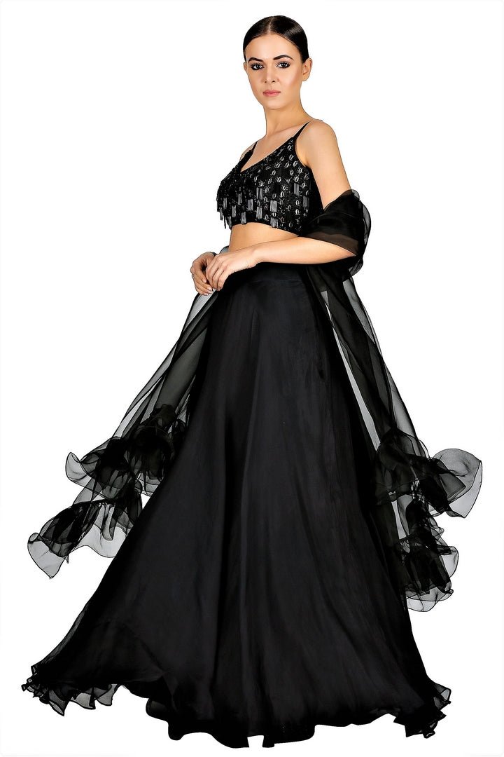 Shop black embroidered blouse with organza skirt online in USA and dupatta. Give your wardrobe an exquisite variety of designer dresses, designer gowns, wedding lehengas, Anarkali suits from Pure Elegance Indian clothing store in USA or from our online store.-full view