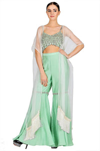 Buy mint green embroidered blouse with sharara pants online in USA and cape. Give your wardrobe an exquisite variety of designer dresses, designer gowns, wedding lehengas, Anarkali suits from Pure Elegance Indian clothing store in USA or from our online store.-full view