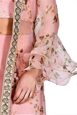 Buy light peach blouse with sharara online in USA and floral print cape. Give your wardrobe an exquisite variety of designer dresses, designer gowns, wedding lehengas, Anarkali suits from Pure Elegance Indian clothing store in USA or from our online store.-sleeves