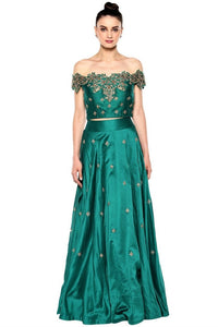 Shop green color embroidered off-shoulder top with skirt online in USA. Give your wardrobe an exquisite variety of designer dresses, designer gowns, wedding lehengas, Anarkali suits from Pure Elegance Indian clothing store in USA or from our online store.-full view