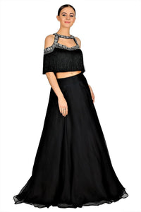 Buy elegant black silver embroidery blouse with skirt online in USA. Give your wardrobe an exquisite variety of designer dresses, designer gowns, wedding lehengas, Anarkali suits, Indian sarees from Pure Elegance Indian clothing store in USA or from our online store.-full view
