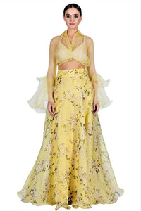 Buy yellow sheer shirt with exaggerated sleeves and printed skirt online in USA. Give your wardrobe an exquisite variety of designer dresses, designer gowns, wedding lehengas, Anarkali suits, Indian sarees from Pure Elegance Indian clothing store in USA or from our online store.-full view