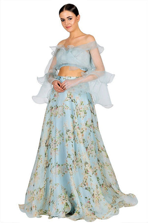 Buy powder blue organza off shoulder blouse with printed skirt online in USA. Give your wardrobe an exquisite variety of designer dresses, designer gowns, wedding lehengas, Anarkali suits, Indian sarees from Pure Elegance Indian clothing store in USA or from our online store.-side view