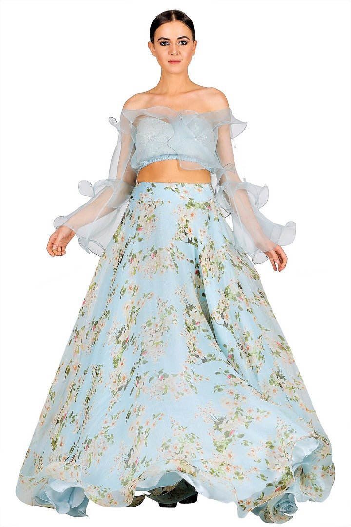 Buy powder blue organza off shoulder blouse with printed skirt online in USA. Give your wardrobe an exquisite variety of designer dresses, designer gowns, wedding lehengas, Anarkali suits, Indian sarees from Pure Elegance Indian clothing store in USA or from our online store.-full view