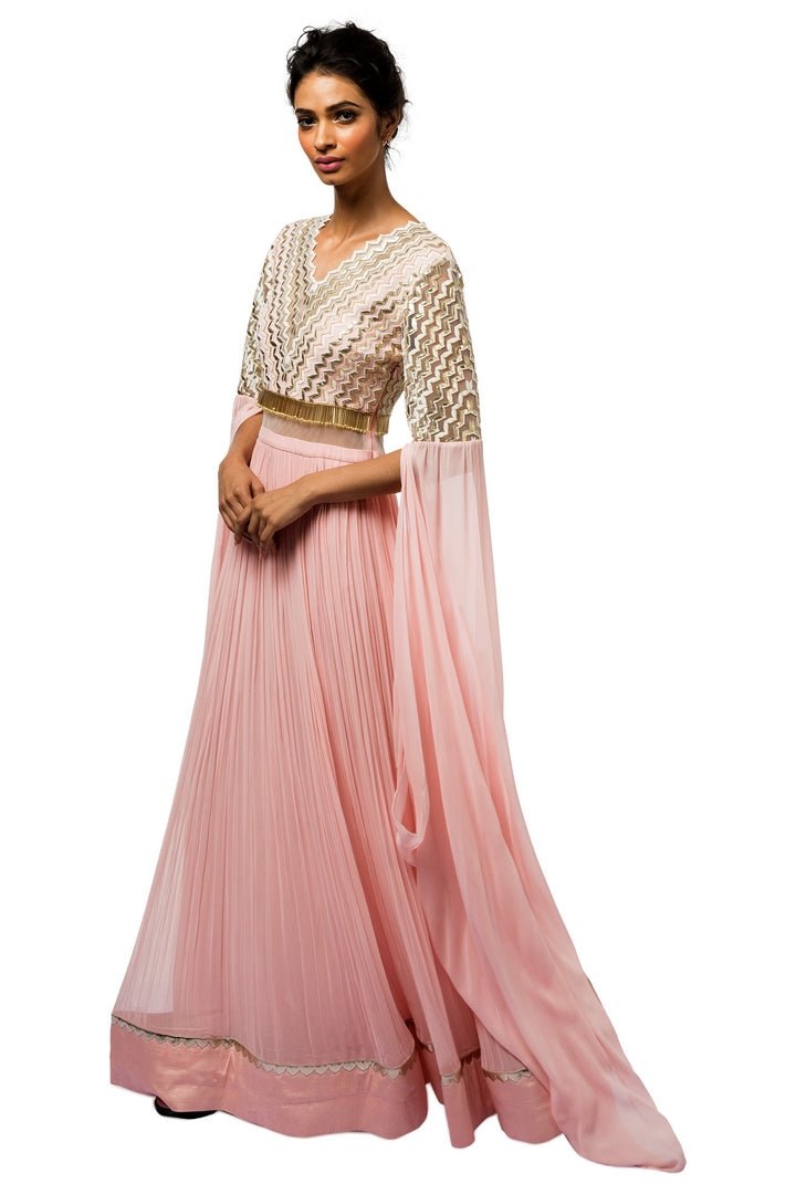 Shop elegant blush pink embroidered georgette gown online in USA. Revamp your wardrobe with an exquisite variety of designer dresses, designer gowns, wedding lehengas, Anarkali suits, Indian sarees from Pure Elegance Indian clothing store in USA or from our online store. -full view