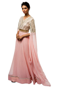 Shop elegant blush pink embroidered georgette gown online in USA. Revamp your wardrobe with an exquisite variety of designer dresses, designer gowns, wedding lehengas, Anarkali suits, Indian sarees from Pure Elegance Indian clothing store in USA or from our online store. -full view