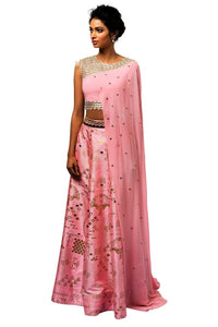 Buy beautiful pink embroidered draped blouse with skirt online in USA. Revamp your wardrobe with an exquisite variety of designer dresses, designer gowns, wedding lehengas, Anarkali suits, Indian sarees from Pure Elegance Indian clothing store in USA or from our online store. -full view