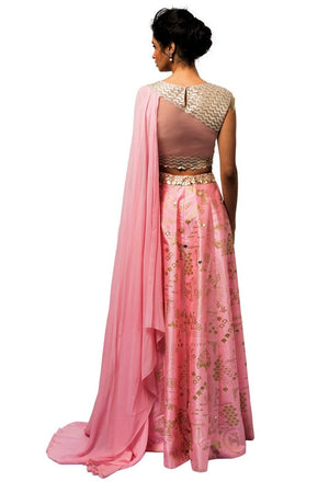 Buy beautiful pink embroidered draped blouse with skirt online in USA. Revamp your wardrobe with an exquisite variety of designer dresses, designer gowns, wedding lehengas, Anarkali suits, Indian sarees from Pure Elegance Indian clothing store in USA or from our online store. -back
