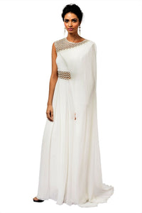 Shop pristine white embroidered drape georgette gown online in USA. Revamp your wardrobe with an exquisite variety of designer dresses, designer gowns, wedding lehengas, Anarkali suits, Indian saris from Pure Elegance Indian clothing store in USA or from our online store. -full view