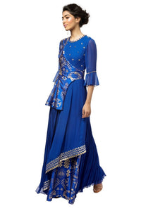 Shop designer blue embroidered layered georgette gown online in USA. Revamp your wardrobe with an exquisite variety of designer dresses, designer gowns, wedding lehengas, Anarkali suits, Indian saris from Pure Elegance Indian clothing store in USA or from our online store. -full view