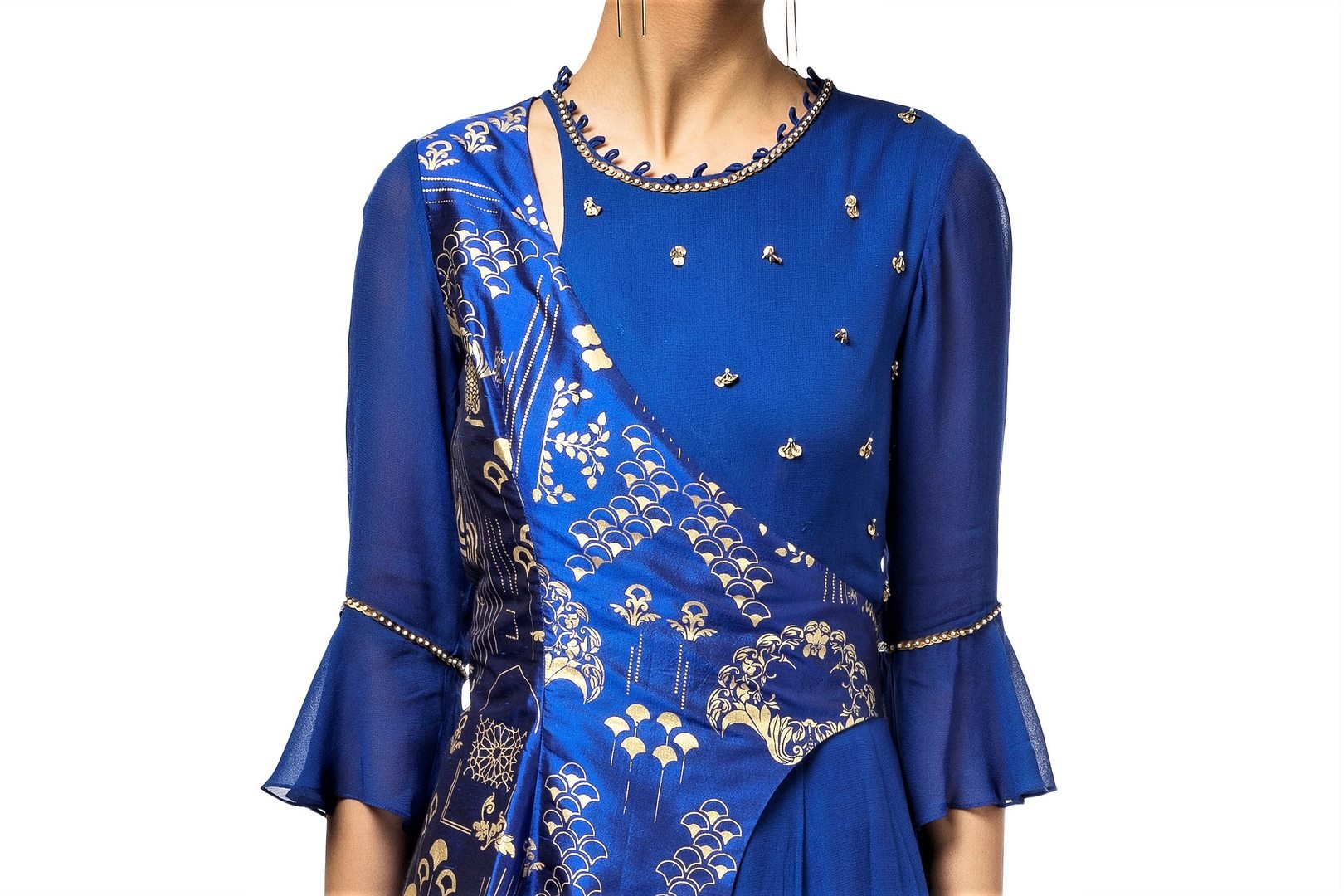 Shop designer blue embroidered layered georgette gown online in USA. Revamp your wardrobe with an exquisite variety of designer dresses, designer gowns, wedding lehengas, Anarkali suits, Indian saris from Pure Elegance Indian clothing store in USA or from our online store. -top