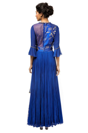 Shop designer blue embroidered layered georgette gown online in USA. Revamp your wardrobe with an exquisite variety of designer dresses, designer gowns, wedding lehengas, Anarkali suits, Indian saris from Pure Elegance Indian clothing store in USA or from our online store. -back