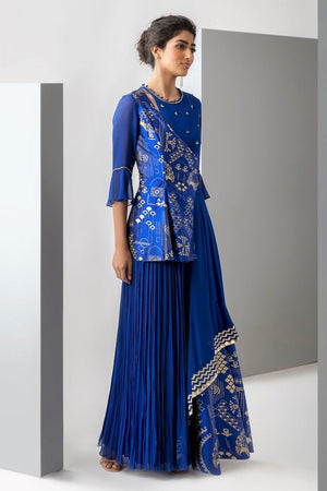 Shop designer blue embroidered layered georgette gown online in USA. Revamp your wardrobe with an exquisite variety of designer dresses, designer gowns, wedding lehengas, Anarkali suits, Indian saris from Pure Elegance Indian clothing store in USA or from our online store. -side