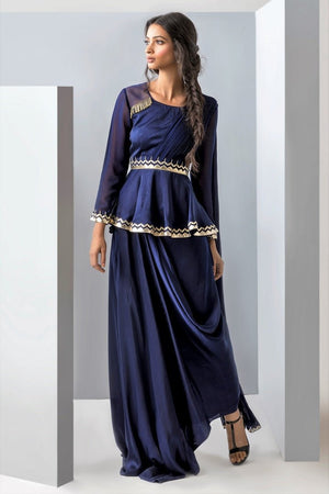 Buy blue embroidered satin peplum blouse with attached drape and dhoti skirt online in USA. Revamp your wardrobe with an exquisite variety of designer dresses, designer gowns, wedding lehengas, Anarkali suits, Indian designer saris from Pure Elegance Indian clothing store in USA or from our online store. -front