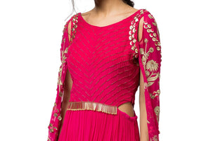 Shop hot pink embroidered georgette gown with embroidered curtain sleeves online in USA. Revamp your wardrobe with an exquisite variety of designer dresses, designer gowns, wedding lehengas, by Abirr N' Nanki available at Pure Elegance Indian clothing store in USA or shop from our online store.-top