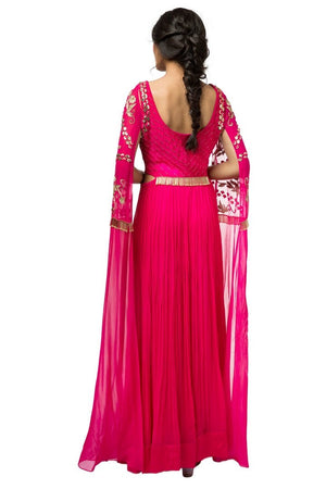 Shop hot pink embroidered georgette gown with embroidered curtain sleeves online in USA. Revamp your wardrobe with an exquisite variety of designer dresses, designer gowns, wedding lehengas, by Abirr N' Nanki available at Pure Elegance Indian clothing store in USA or shop from our online store.-back