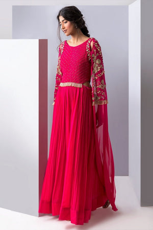 Shop hot pink embroidered georgette gown with embroidered curtain sleeves online in USA. Revamp your wardrobe with an exquisite variety of designer dresses, designer gowns, wedding lehengas, by Abirr N' Nanki available at Pure Elegance Indian clothing store in USA or shop from our online store.-front