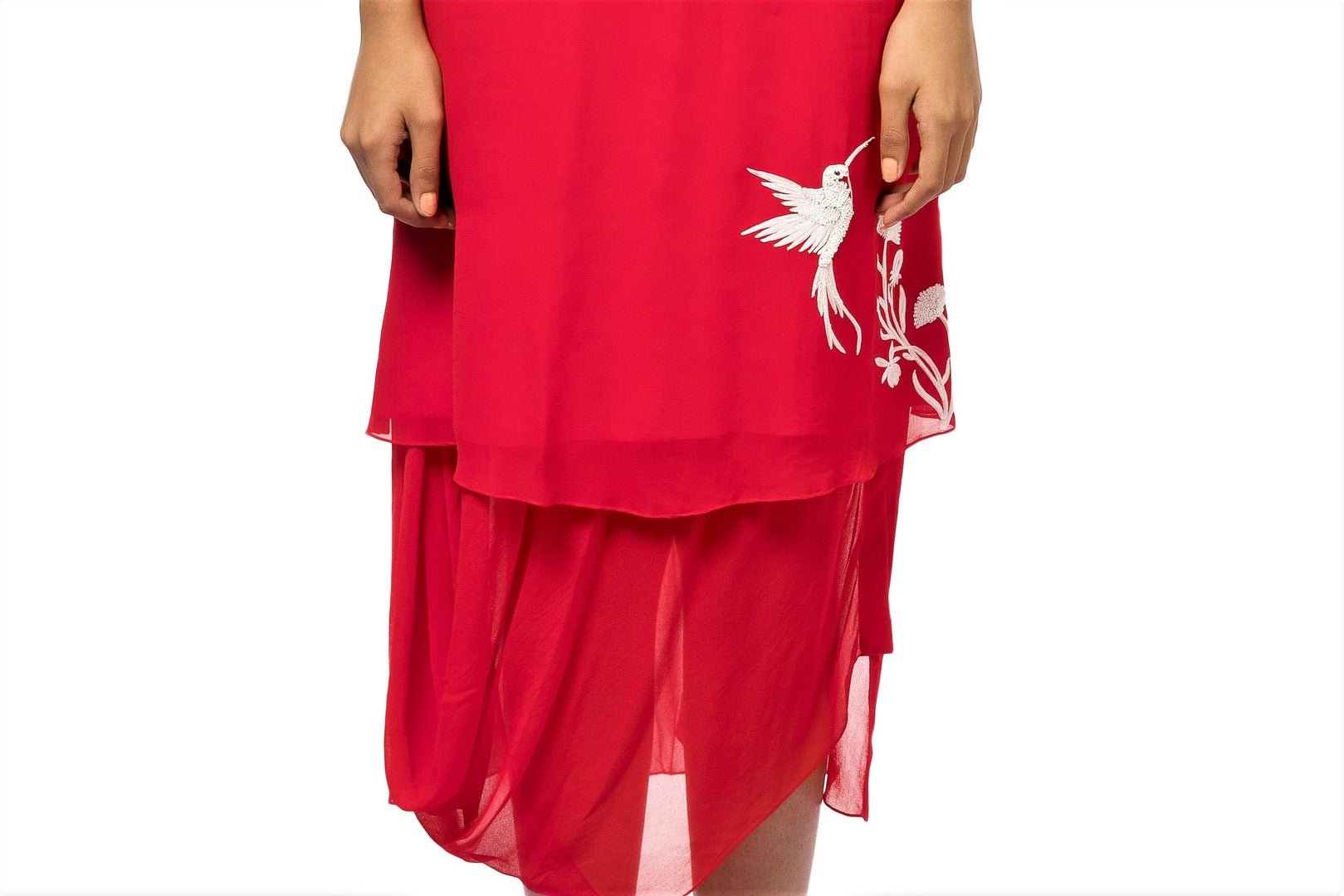 Shop stylish red embroidered georgette midi dress online in USA. Revamp your wardrobe with an exquisite variety of designer dresses, designer gowns, wedding lehengas, by Abirr N' Nanki available at Pure Elegance Indian clothing store in USA or shop from our online store.-bottom