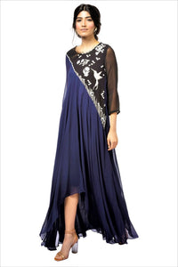 Shop elegant blue embroidered asymmetric georgette gown online in USA. Revamp your wardrobe with an exquisite variety of designer dresses, designer gowns, wedding lehengas, by Abirr N' Nanki available at Pure Elegance Indian clothing store in USA or shop from our online store. -full view