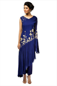 Shop blue embroidered asymmetric georgette kurta with pants online in USA. Revamp your wardrobe with an exquisite variety of designer dresses, designer gowns, wedding lehengas, by Abirr N' Nanki available at Pure Elegance Indian clothing store in USA or shop from our online store.-full view
