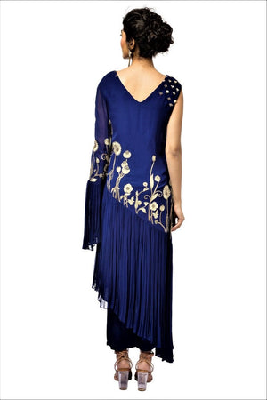 Shop blue embroidered asymmetric georgette kurta with pants online in USA. Revamp your wardrobe with an exquisite variety of designer dresses, designer gowns, wedding lehengas, by Abirr N' Nanki available at Pure Elegance Indian clothing store in USA or shop from our online store.-back