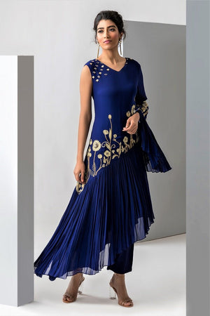 Shop blue embroidered asymmetric georgette kurta with pants online in USA. Revamp your wardrobe with an exquisite variety of designer dresses, designer gowns, wedding lehengas, by Abirr N' Nanki available at Pure Elegance Indian clothing store in USA or shop from our online store.-front