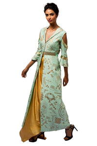Shop mint green embellished jacket with draped dhoti skirt online in USA. Revamp your wardrobe with an exquisite variety of designer dresses, designer gowns, wedding lehengas, by Abirr N' Nanki available at Pure Elegance Indian clothing store in USA or shop from our online store.-full view