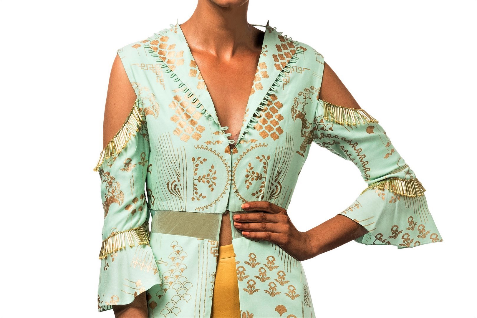 Shop mint green embellished jacket with draped dhoti skirt online in USA. Revamp your wardrobe with an exquisite variety of designer dresses, designer gowns, wedding lehengas, by Abirr N' Nanki available at Pure Elegance Indian clothing store in USA or shop from our online store.-jacket