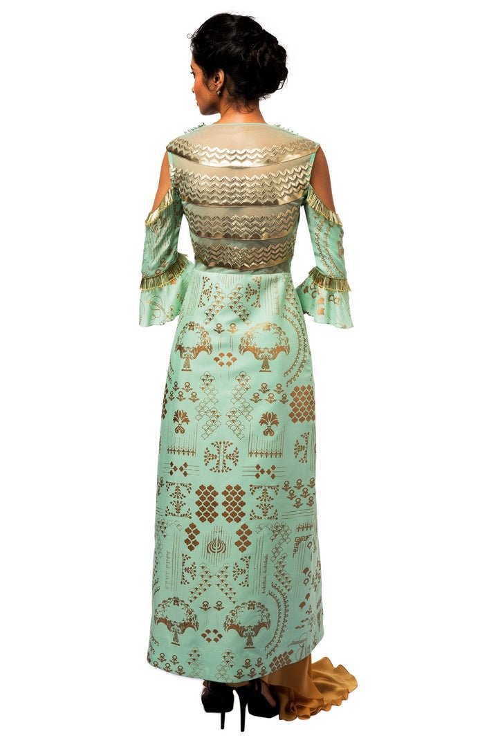 Shop mint green embellished jacket with draped dhoti skirt online in USA. Revamp your wardrobe with an exquisite variety of designer dresses, designer gowns, wedding lehengas, by Abirr N' Nanki available at Pure Elegance Indian clothing store in USA or shop from our online store.-back