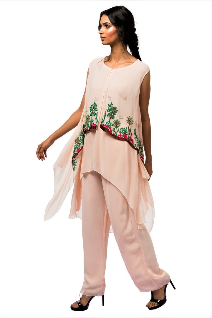 Shop pink embroidered georgette layered kurta with pants online in USA. Revamp your wardrobe with an exquisite variety of designer dresses, designer gowns, wedding lehengas, by Abirr N' Nanki available at Pure Elegance Indian clothing store in USA or shop from our online store.-full view