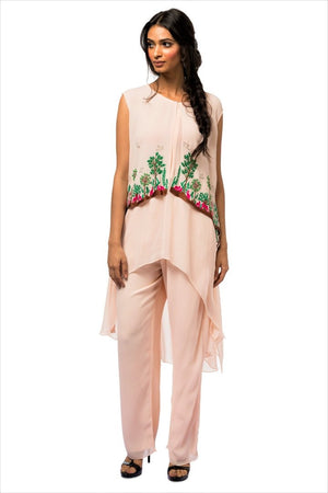 Shop pink embroidered georgette layered kurta with pants online in USA. Revamp your wardrobe with an exquisite variety of designer dresses, designer gowns, wedding lehengas, by Abirr N' Nanki available at Pure Elegance Indian clothing store in USA or shop from our online store.-front