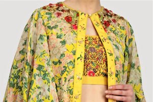 Buy Indowestern yellow printed & embroidered blouse with cape and sharara online in USA. For more such gorgeous designer dresses, shop at Pure Elegance Indian fashion store in USA. A beautiful range of traditional sarees and designer clothing is available for Indian women living in USA. You can also shop at our online store.-blouse