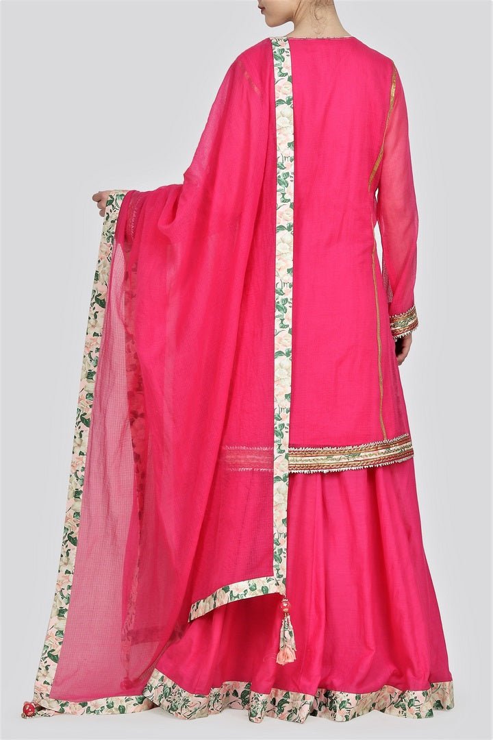 Buy hot pink kota doria kurta with skirt online in USA and dupatta. For more such gorgeous designer dresses, shop at Pure Elegance Indian fashion store in USA. A beautiful range of traditional sarees and designer clothing is available for Indian women living in USA. You can also shop at our online store.-back