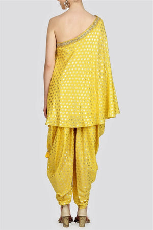 Shop yellow one-shoulder embroidered top with dhoti pants online in USA. For more such gorgeous designer dresses, shop at Pure Elegance Indian fashion store in USA. A beautiful range of traditional Indian sarees and designer clothing is available for Indian women living in USA. You can also shop at our online store.-back