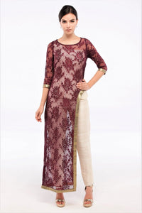 Buy wine color lace jacket with silk jacket and straight pants online in USA at Pure Elegance online store. Get a gorgeous ethnic look with a range of exquisite Indian designer dresses from our clothing store in USA. We also bring the best Indian dresses for brides in USA under one roof. Shop now.-full view
