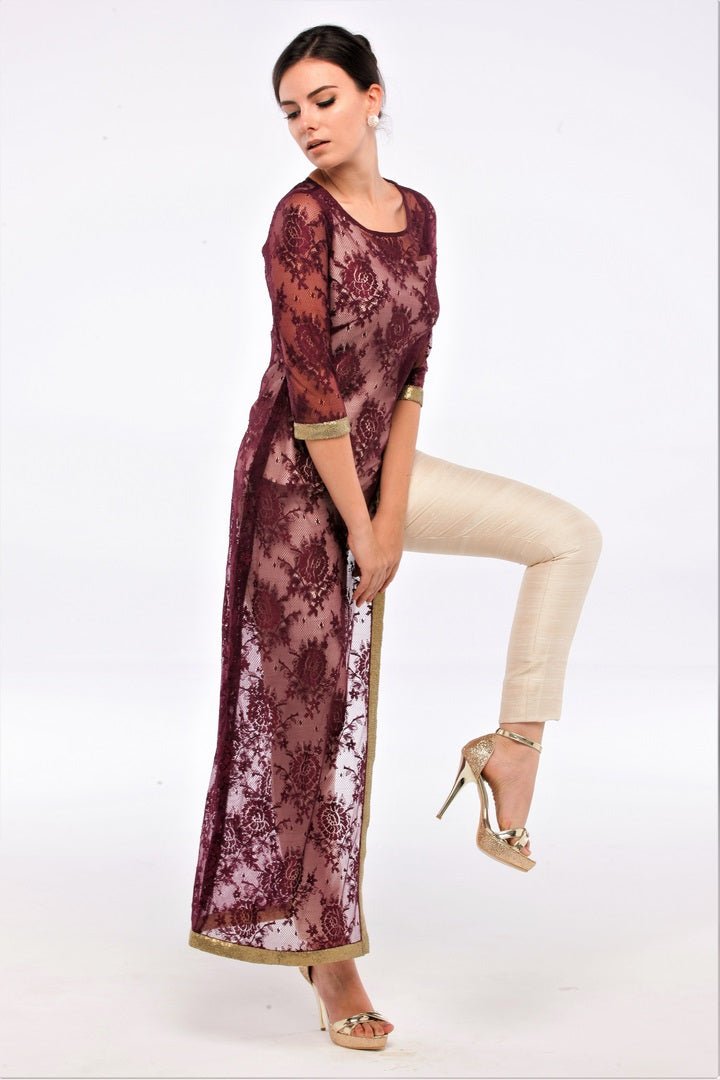 Buy wine color lace jacket with silk jacket and straight pants online in USA at Pure Elegance online store. Get a gorgeous ethnic look with a range of exquisite Indian designer dresses from our clothing store in USA. We also bring the best Indian dresses for brides in USA under one roof. Shop now.-side view