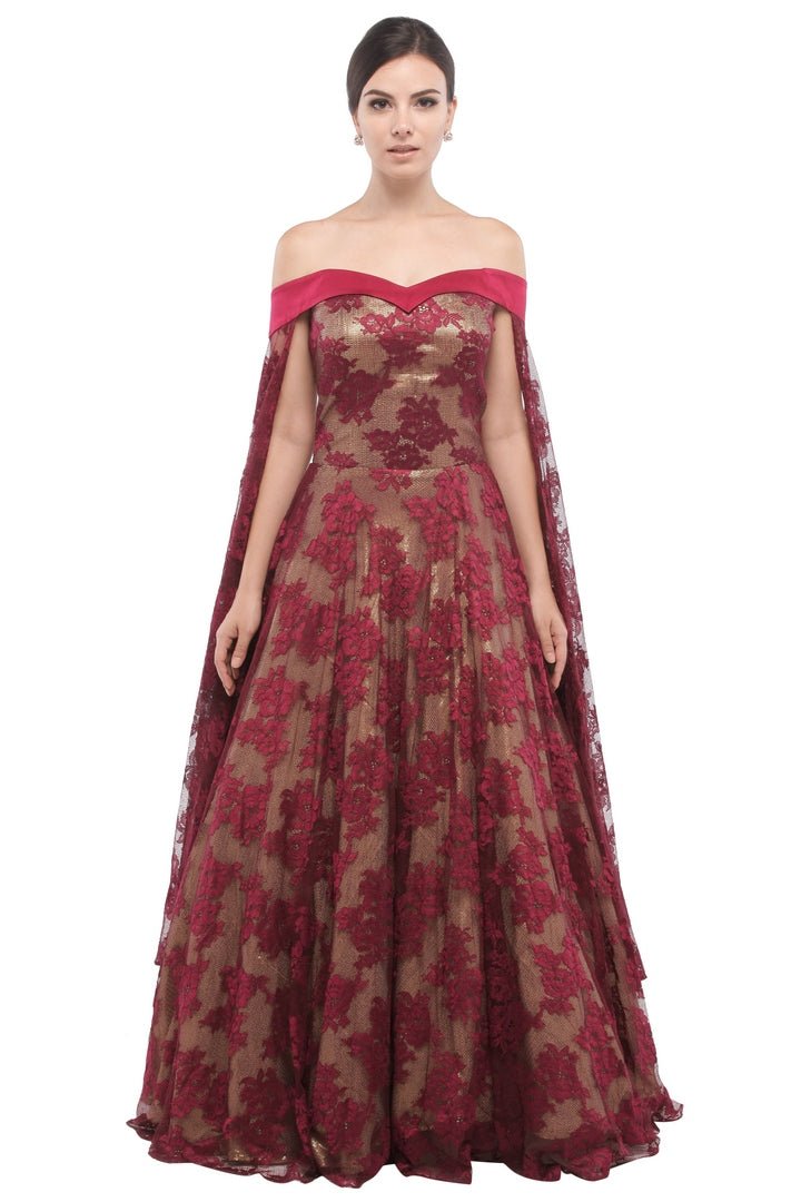 Buy glamorous wine color off shoulder lace gown online in USA at Pure Elegance online store. Get a gorgeous ethnic look with a range of exquisite Indian designer dresses from our clothing store in USA. We also got the best Indian dresses for the brides in USA. Shop now.-full view