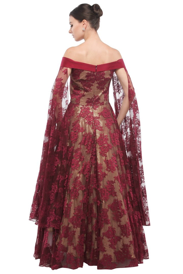 Buy glamorous wine color off shoulder lace gown online in USA at Pure Elegance online store. Get a gorgeous ethnic look with a range of exquisite Indian designer dresses from our clothing store in USA. We also got the best Indian dresses for the brides in USA. Shop now.-back