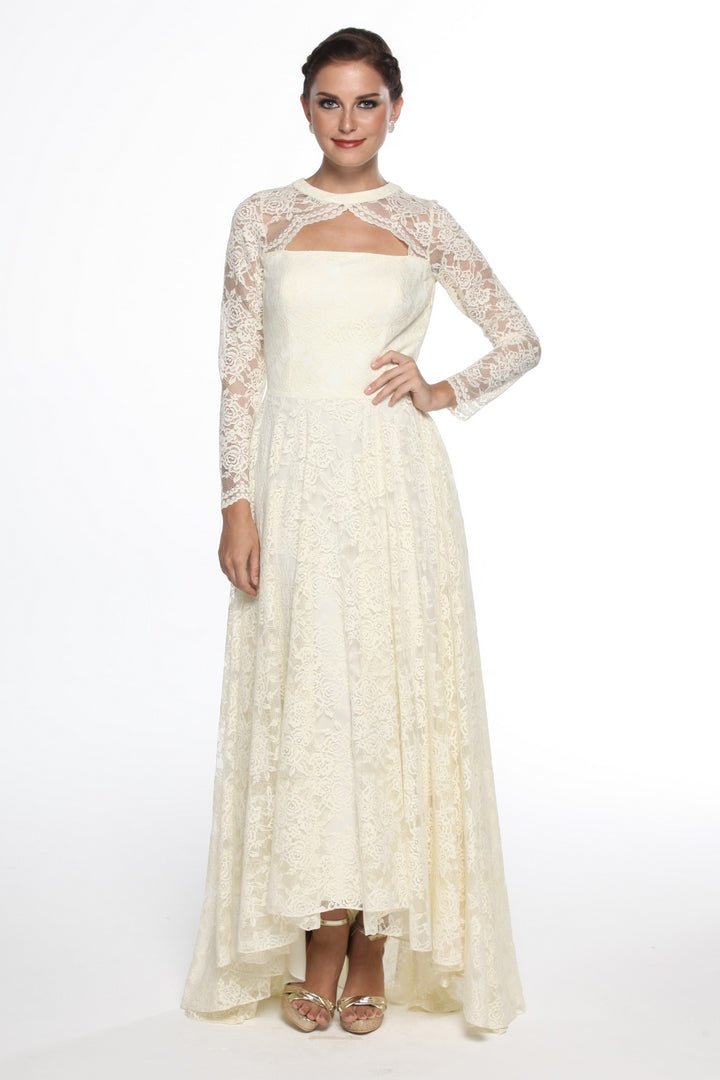 Shop designer off white asymmetric lace gown online in USA at Pure Elegance online store. Get a gorgeous ethnic look with a range of exquisite Indian designer dresses from our clothing store in USA. We also got the best Indian dresses for the brides in USA. Shop now.-full view