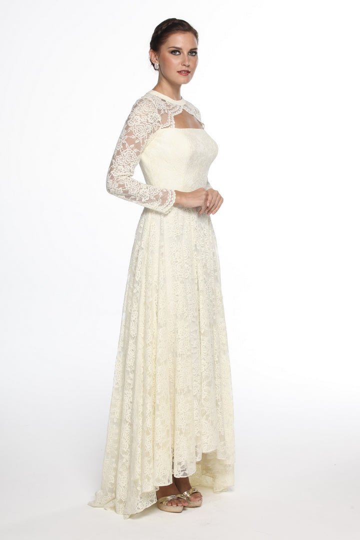 Shop designer off white asymmetric lace gown online in USA at Pure Elegance online store. Get a gorgeous ethnic look with a range of exquisite Indian designer dresses from our clothing store in USA. We also got the best Indian dresses for the brides in USA. Shop now.-right