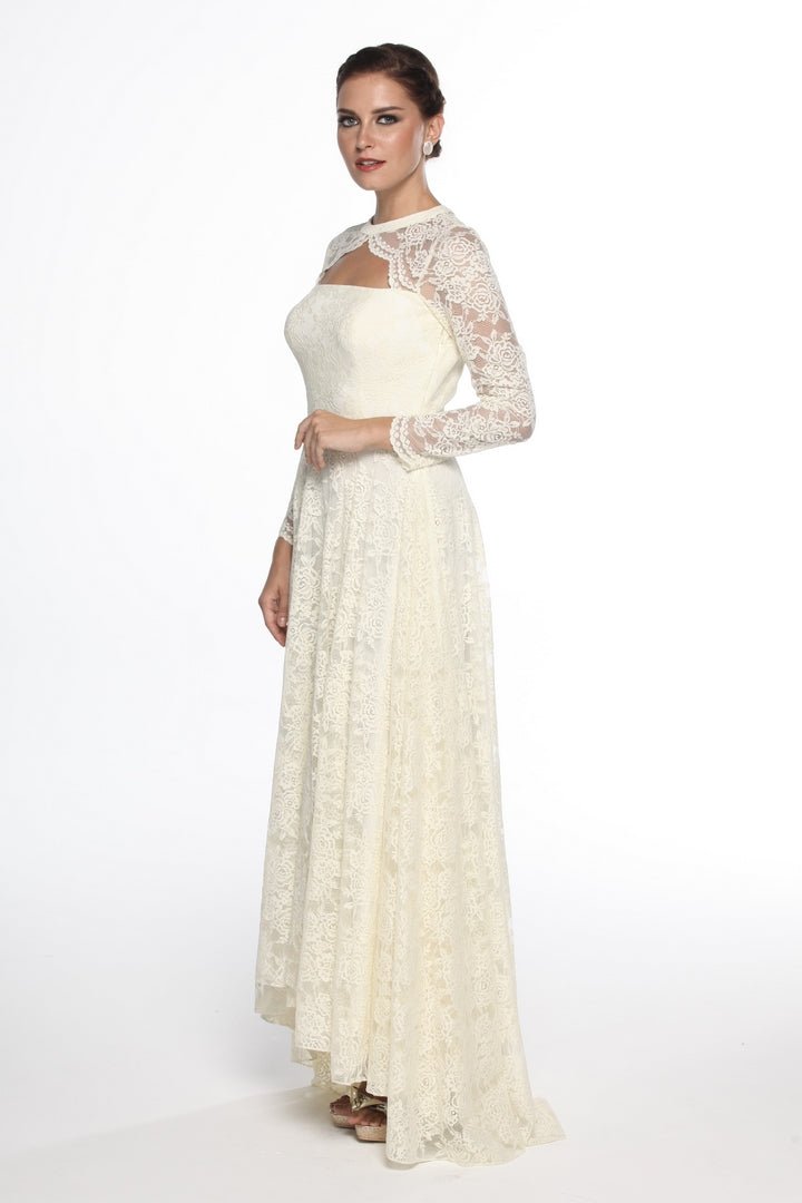 Shop designer off white asymmetric lace gown online in USA at Pure Elegance online store. Get a gorgeous ethnic look with a range of exquisite Indian designer dresses from our clothing store in USA. We also got the best Indian dresses for the brides in USA. Shop now.-left