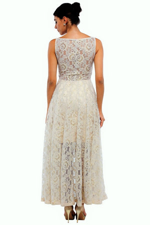 Shop designer off-white side paneled lace gown online in USA  at Pure Elegance online store. Get a gorgeous ethnic look with a range of exquisite Indian designer dresses from our clothing store in USA. We also got the best Indian dresses for the brides in USA. Shop now.-back