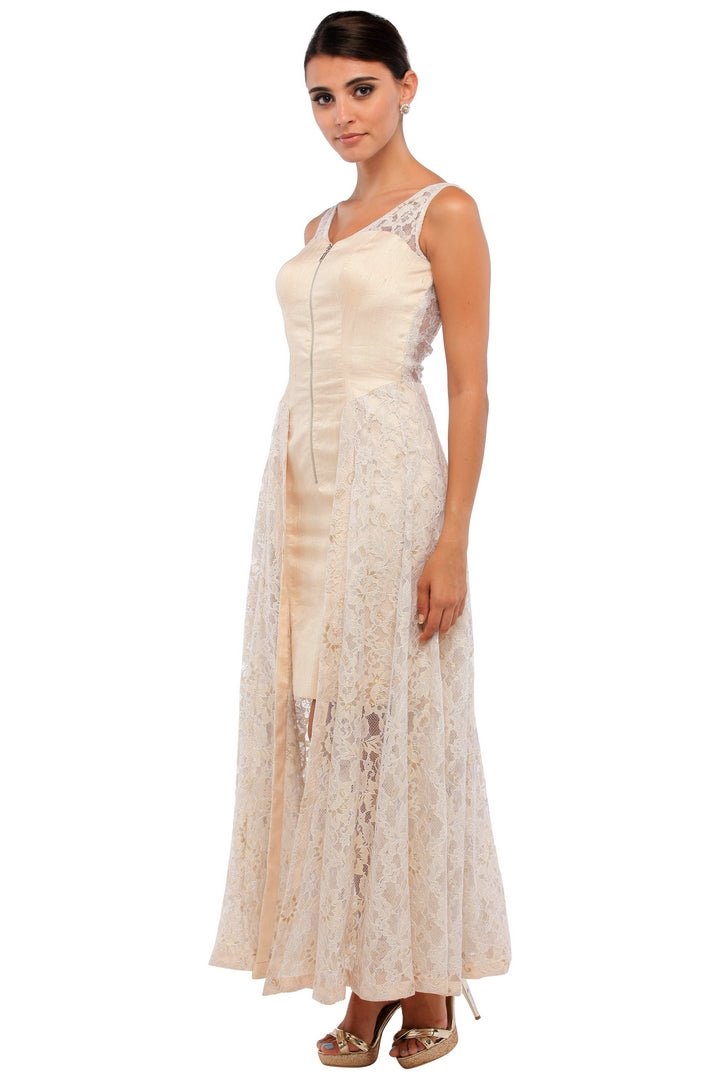 Shop designer off-white side paneled lace gown online in USA  at Pure Elegance online store. Get a gorgeous ethnic look with a range of exquisite Indian designer dresses from our clothing store in USA. We also got the best Indian dresses for the brides in USA. Shop now.-left